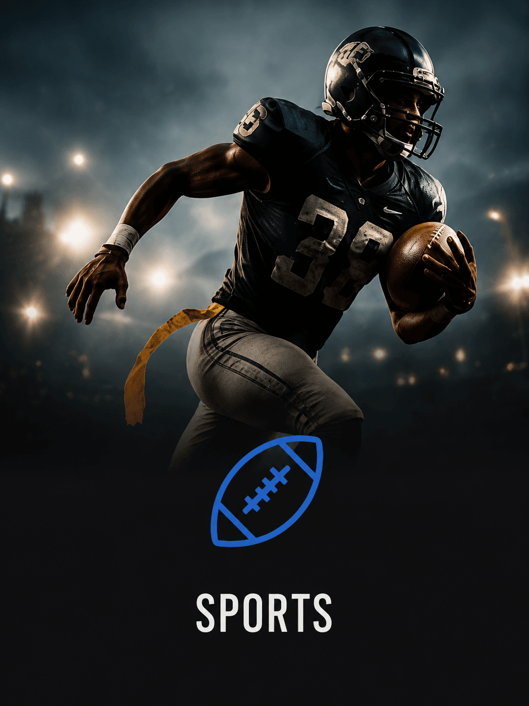 Football player breaking through stadium light, titled Sports.