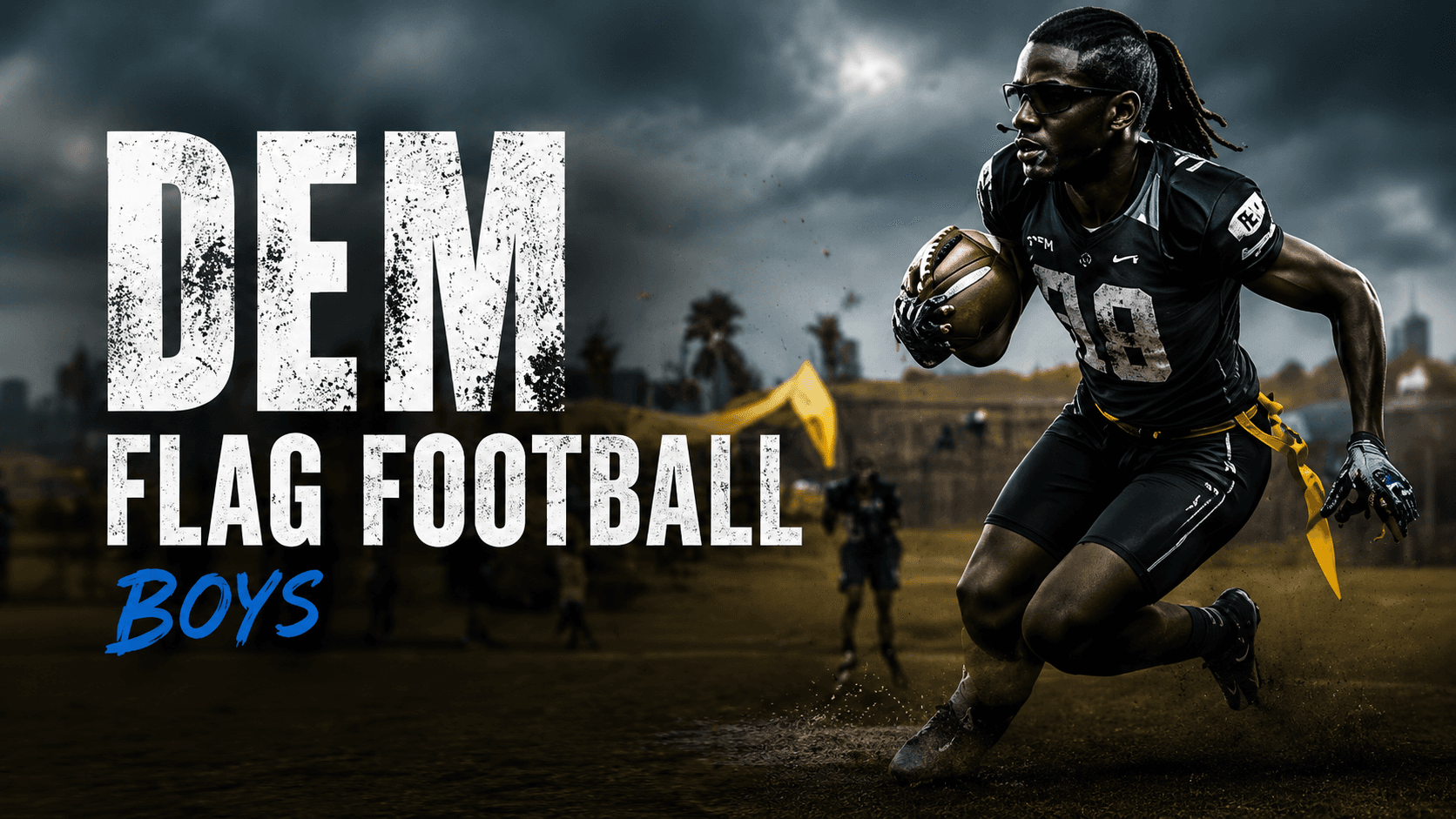 Flag football player carrying the ball downfield, titled DEM Flag Football — Boys.