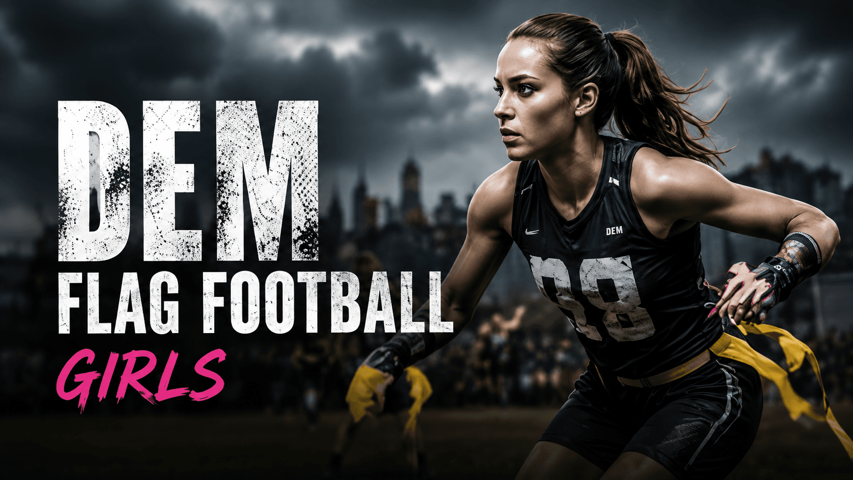 Flag football player mid-sprint, titled DEM Flag Football — Girls.