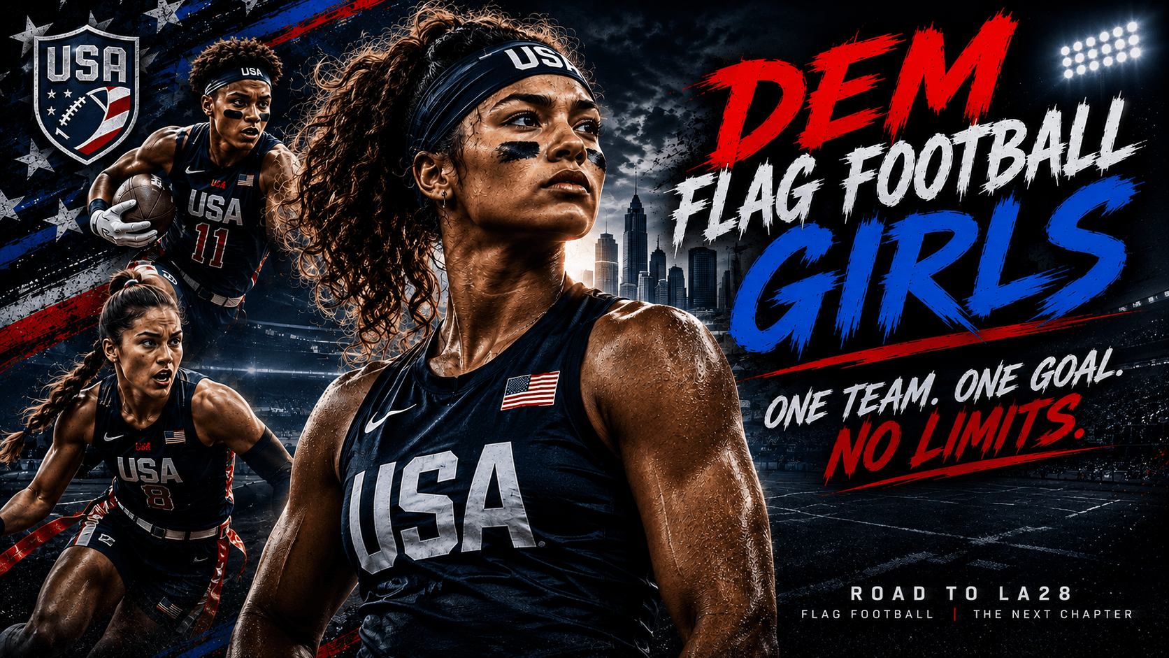 DEM Flag Football: Girls — Team USA women's flag football athletes in USA jerseys. One team. One goal. No limits. Road to LA28, flag football: the next chapter.