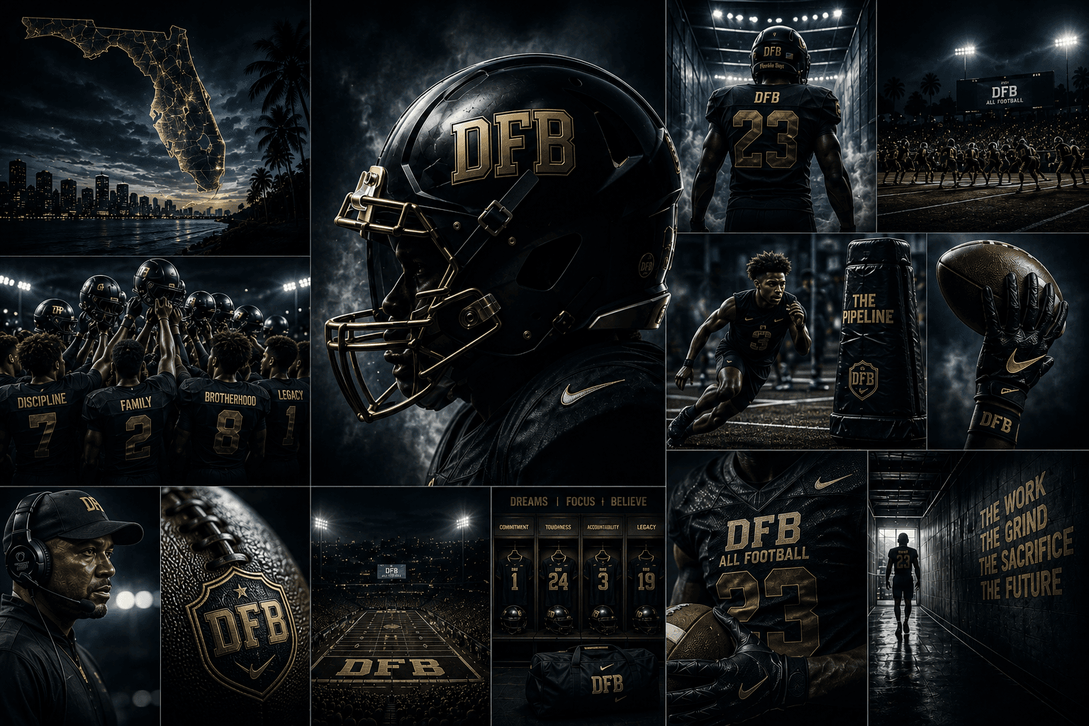 DEM Florida Boys: The Pipeline — a black-and-gold montage of DFB football imagery: helmets, a team huddle, a floodlit stadium, a locker room and a coach. Words across the images read Discipline, Family, Brotherhood, Legacy, and The Work, The Grind, The Sacrifice, The Future.