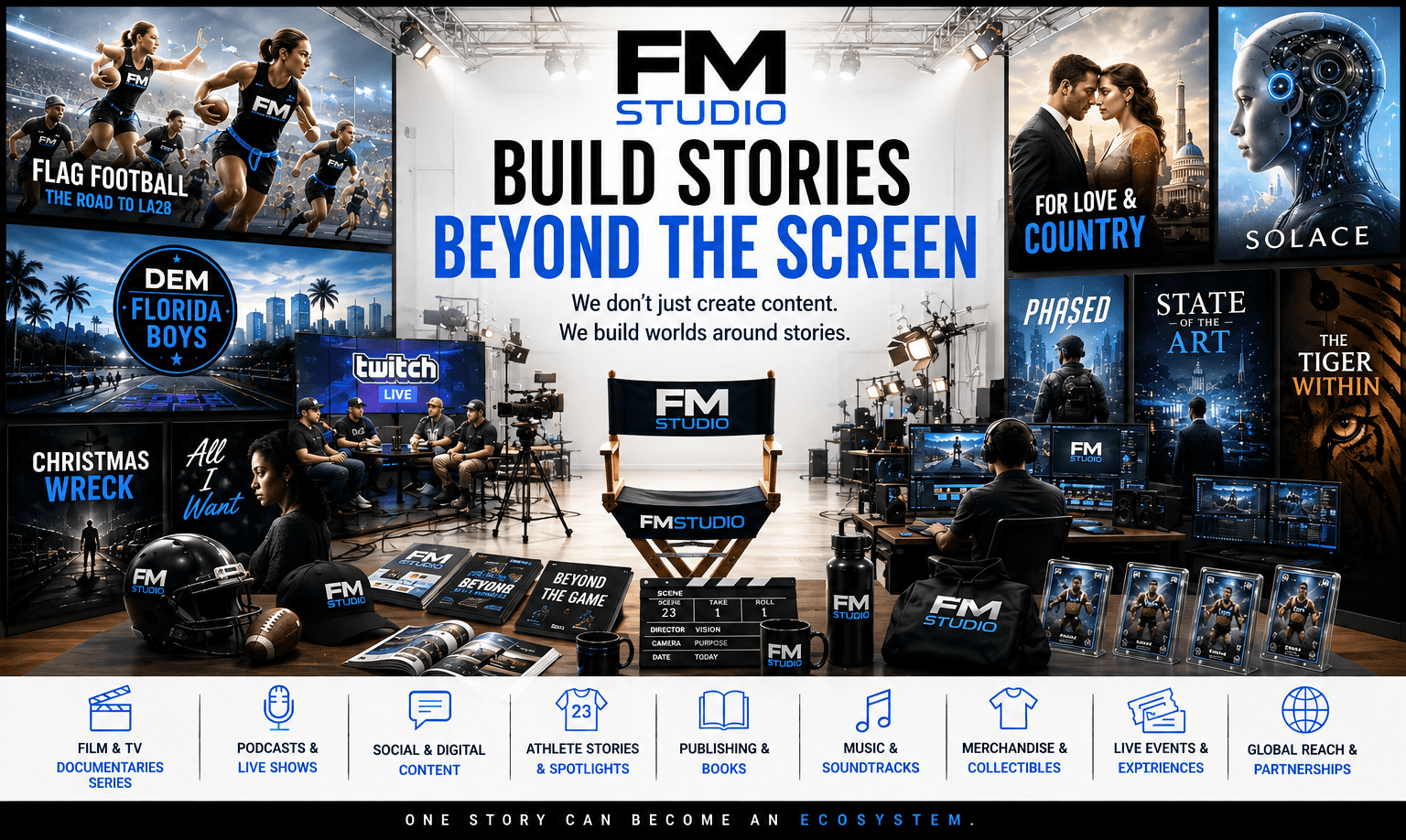 FM Studio — build stories beyond the screen. We don't just create content, we build worlds around stories. A studio wall of properties: Flag Football The Road to LA28, DEM Florida Boys, Christmas Wreck, All I Want, For Love & Country, Solace, Phased, State of the Art and The Tiger Within, alongside merchandise, books, trading cards and a live podcast set. Film and TV, documentaries and series, podcasts and live shows, social and digital content, athlete stories, publishing and books, music and soundtracks, merchandise and collectibles, live events and experiences, global reach and partnerships. One story can become an ecosystem.